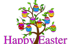 Happy Easter text and tree with eggs on it