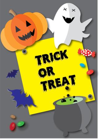 Trick or Treat text with picture of pumpkin, ghost and candy