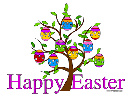 Happy Easter text and tree with eggs on it